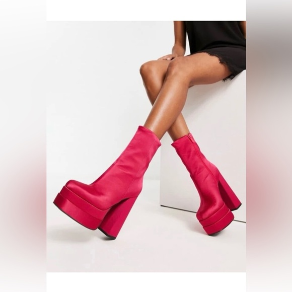 ASOS Shoes - ASOS Fuchsia Satin Square Toe Hi Block Heel Platform Boots Sz 9 NWT